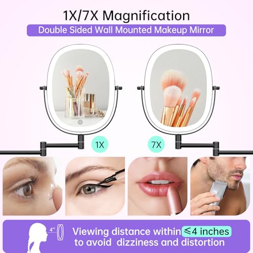 FUNTOUCH Rechargeable Wall Mounted Lighted Makeup Vanity Mirror, Double Sided 1X/7X Magnification, 3 Dimmable Light Settings, Extension Arm, Oval Frame, Ideal for Makeup