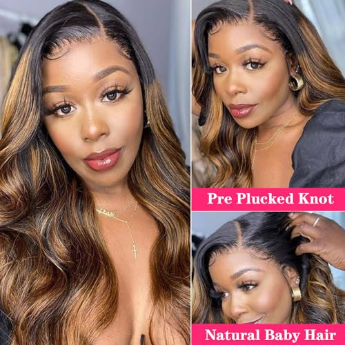 Aaliweya Highlight Ombre Body Wave 360 Lace Front Wig Human Hair for Women 180% Density Glueless Wig Pre Plucked Natural Hairline HD Transparent Full Lace Frontal Wigs Human Hair 18Inch