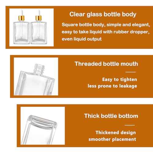 6 Pack 1.7oz Clear Square Glass Dropper Bottles, 50ml Empty Square Perfumes Bottles with Eye Droppers, for Essential Oils,Liquids, Tincture Bottle (Clear -Golden Cap)