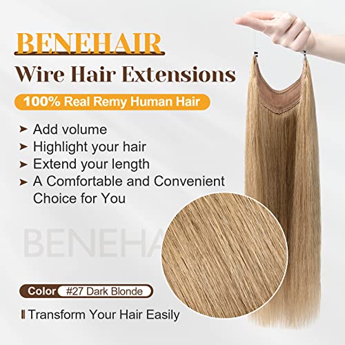 Benehair Human Hair Extensions Thick Ends Invisible Wire Real Human Hair with 2 Fish Lines Thicker Hairpieces 20inch 110g Dark Blonde Hair Extensions Straight Thicker Hairpieces for Women #27