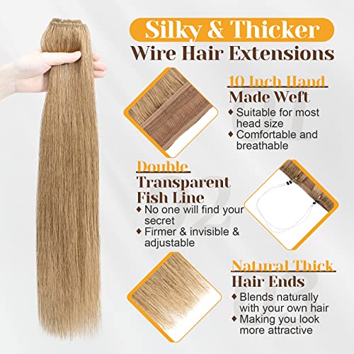 Benehair Human Hair Extensions Thick Ends Invisible Wire Real Human Hair with 2 Fish Lines Thicker Hairpieces 20inch 110g Dark Blonde Hair Extensions Straight Thicker Hairpieces for Women #27