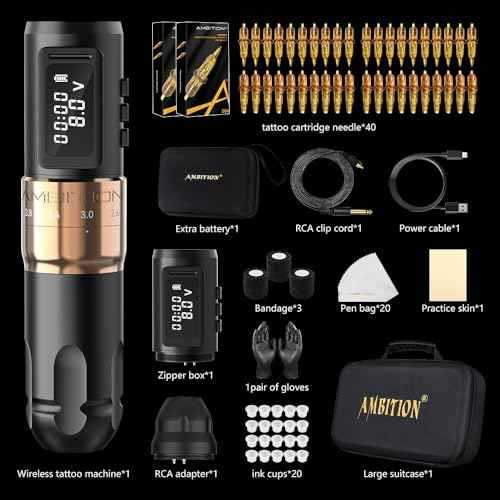 Tattoo Kit - Ambition Mars-U Wireless Tattoo Machine Kit with Adjustable Stroke 1800mAh Power Tattoo Gun Kit with 40pcs Tattoo Cartridges Needles Gloves Bandage Practice Skin for Tattoo Artists