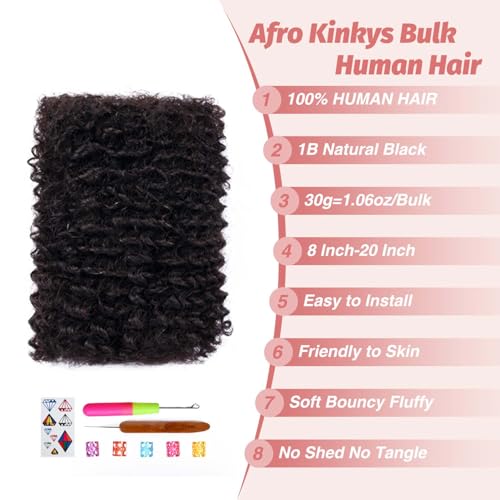 Afro Kinkys Bulk Human Hair for Mini Twist Braiding Braids Locs Dreadlock Extensions Afro Kinky-Curly Human Braiding Hair Bundles For Men Women Kids 16 Inch 4 Bulks 120g #1B Natural Black Soft Fluffy