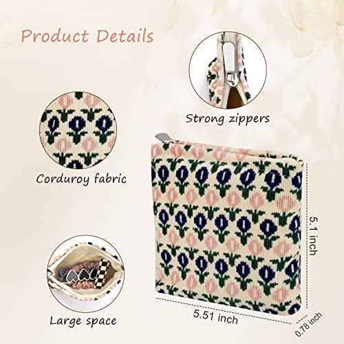 Small Makeup Bag Blue Floral Mini Makeup Zipper Pouch Coin Purse Corduroy Makeup Bag Small Cosmetic Bag for Purse Essentials Items Girl Women Aesthetic Stuff