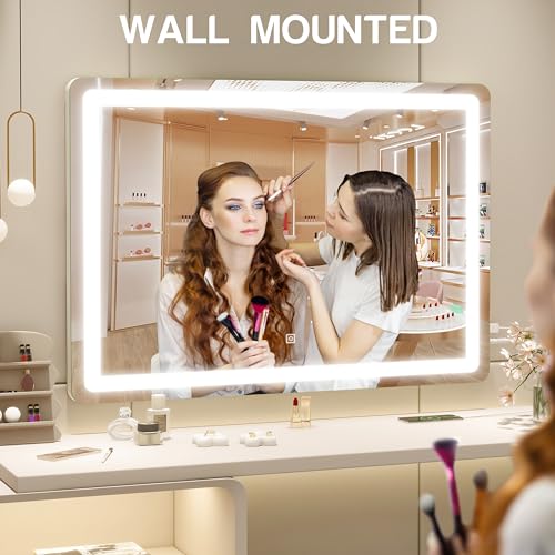ROLOVE Vanity Mirror with Lights, 32" x 22" Large Lighted Vanity Mirror with Dimmable 3 Modes, LED Makeup Mirror, Touch Screen Control, USB Charging Port, Tabletop or Wall-Mounted