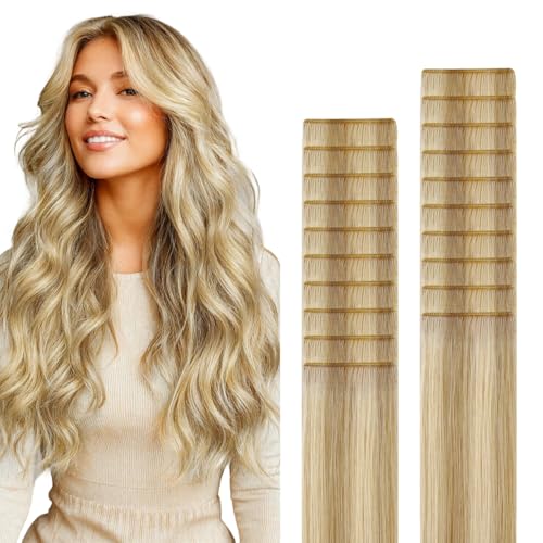 GOO GOO Genius Tape in Hair Extensions, Hand Tied Tape Weft, 16/22 Light Blonde Highlighted Golden Blonde, 20inch 50g 20pcs, Remy Human Hair, Seamless Invisible Tape, Natural Blend, Lightweight