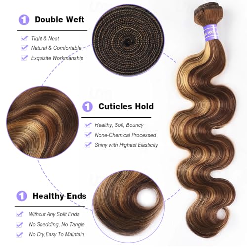 Perstar Highlight Human Hair Bundles Honey Blonde Body Wave 3 Bundles 16 18 20 Inches 100% Brazilian Virgin Hair Ombre 4/27 for Women Colored Human Hair Sew In Weave