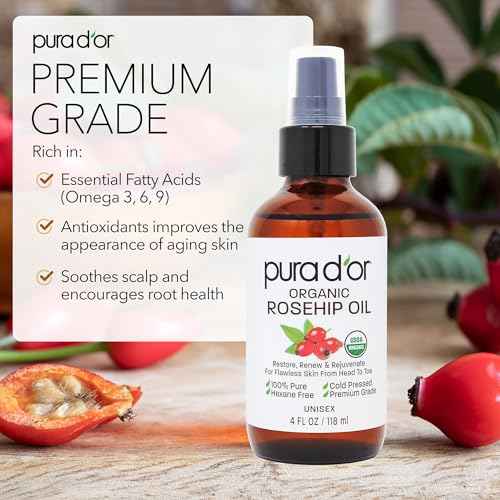 PURA D'OR 4 Oz ORGANIC Rosehip Seed Oil - 100% Pure Cold Pressed USDA Certified Anti-Aging Treatment - Vitamin A & C Rich - Helps Fade Appearance of Scars & Stretch Marks - For Face, Hair & Body