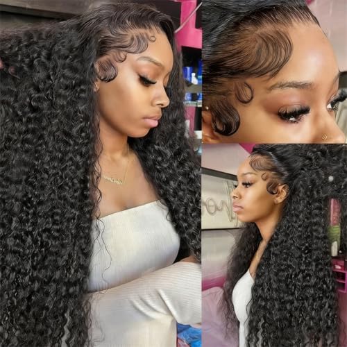 13x6 Deep Wave Lace Front Wigs Human Hair 180% Density Deep Curly Human Hair Wig Glueless HD Transparent Lace Frontal Wigs for Black Women Pre Plucked Natural Color (22 Inch)