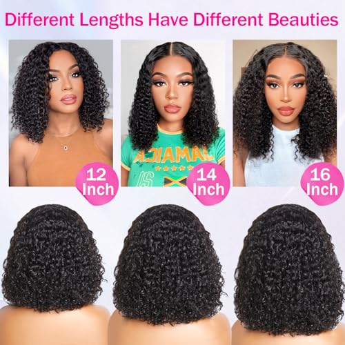 AISI Glueless Wigs Human Hair Pre Plucked Pre Cut Ready to Wear Curly Bob Wigs 5x5 HD Lace Front Wigs for Black Women 180% Density Deep Curly Lace Wigs with Elastic Band for Beginners 16 Inch