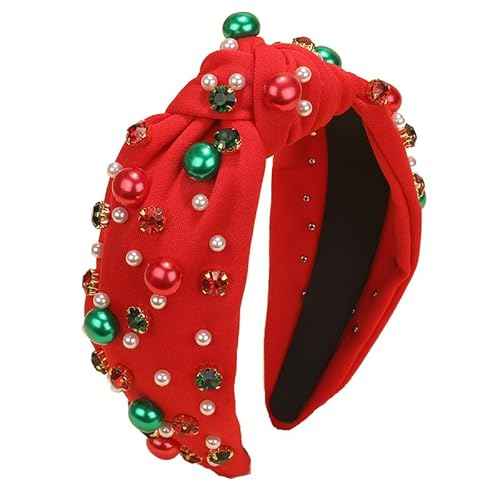 Christmas Headband for Women Red Green Pearl Rhinestone Crystal Jeweled Hairband Fashion Elegant Ladies Wide Knot Head Band Christmas Holiday Party Outfit Gifts