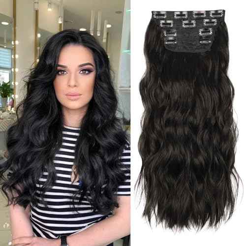 Black Hair Extensions, 20 Inches Soft Synthetic Curly Hair Extensions Clip ins (Color: Black)
