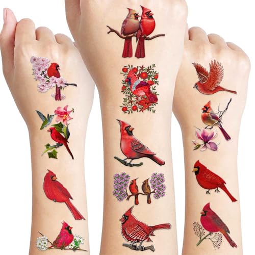 96 PCS Red Cardinal Bird Pre-cut Temporary Tattoos Stickers Spring Flower Themed Party Supplies Birthday Decorations Favors Cute Fake Tattoo Gifts for Kids Girls Boys Decor School Reward Christmas