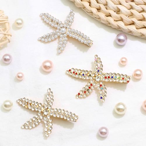 Starfish Rhinestone Hair Clips - 3PCS Seashell Crystal Barrettes Mermaid Accessories Head Pieces Glitter Hair Decoration for Women and Girls