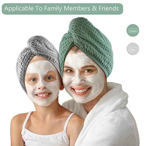 Microfiber Hair Drying Towel - 2Packs Waffle Long Hair Head Turban Wraps Terry Cloth Fast Absorbent Dry Anti Frizz Twist Plopping Curly Shower Turban for Women Wet Hair (Green)