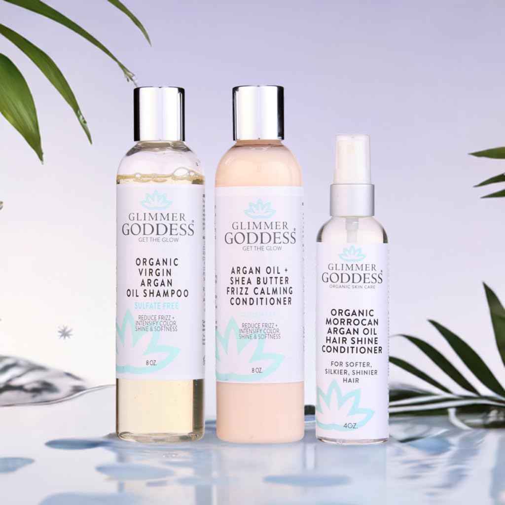 Glimmer Goddess Organic Argan Oil Hair Treatment Trio, Hydrating Shampoo, Deep Conditioner, Hair Shine Spray