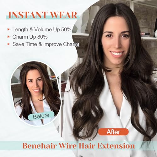 Benehair Halo Hair Extensions Real Human Hair, Brown Halo Hair Extension 100% Human Hair, Wavy Halo Extensions Human Hair, Curly Halo Extensions, Wire Hair Extension, Light Brown 65g/18inch