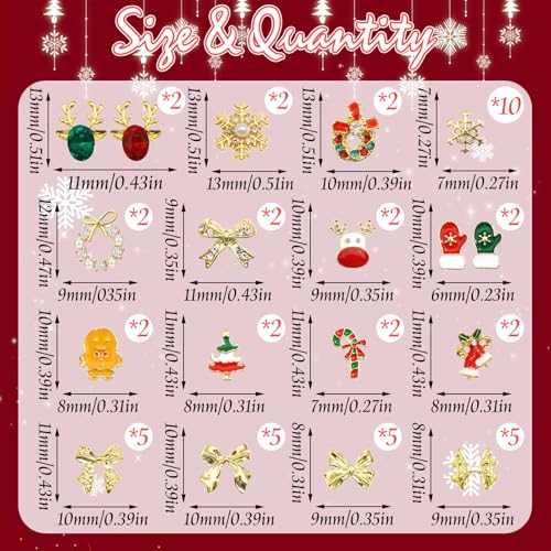 BELICEY 52Pcs Christmas Nail Charms - Gold 3D Bow Snowflake Elk Charms with Gems Rhinestones Accessories Metal Nail Art Supplies Winter Holiday Decorations