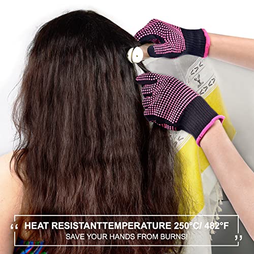Sopito 2Pcs Heat Resistant Gloves with Silicone Bumps, Professional Heat Protection Gloves for Hair Styling, Mitts for Curling Iron Wand Flat Iron Sublimation, Rose Red
