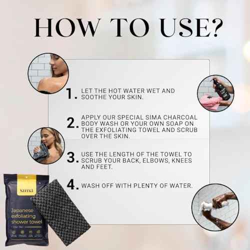 Exfoliating Washcloth Face & Body Scrub Towel - Japanese Exfoliating Towel with Hexagon Fibers, Body Scrubber with 2 Sides for Scrubbing & Washing, Extra Long Body Towel (Black)