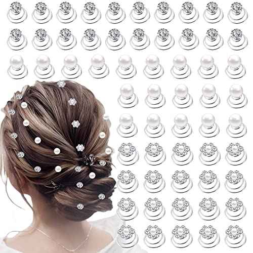 60 PCS 3 Shapes Gems Rhinestone Twister Hair Studs Set Diamond Spiral Pearl Flower Jewels Hair Pins Sticks for Wedding, Bridal, Prom, Party and Special Occasion (Diamond&Pearl&Flower)