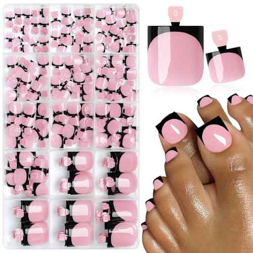 LuckForever 180pc Black French Tips Press on Toenails Women Glue on Toe Nails, French Fake Toe Nails Press ons Nail Square Pink Acrylic Press on Toes Nail Tips Artificial Stick Toenail Tip