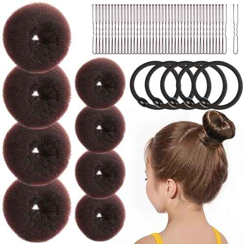 FANDAMEI Hair Bun Maker for Kids, 4PCS Donut Bun Maker Small with 4PCS Extra Small Hair Buns Kit. Ballet Hair Bun Maker for Kids, Hair Bun Set with Elastic Hair Ties, Hair Pins.(Brown)