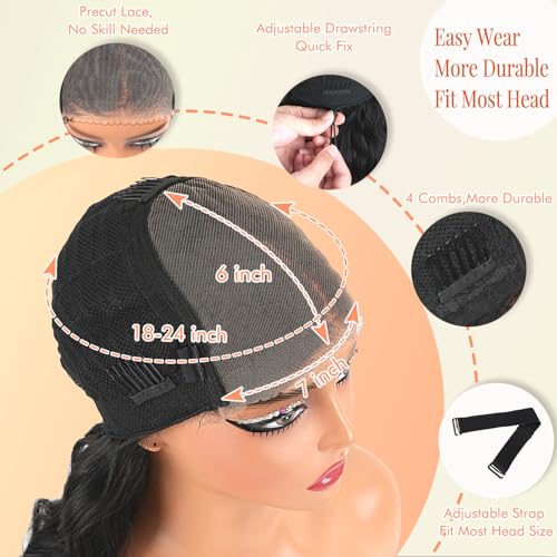 250% Density Glueless Wigs Human Hair Pre Plucked Pre Cut 7x6 HD Lace Closure Wigs Human Hair Body Wave Lace Front Wigs Human Hair for Women Drawstring Glueless Wigs for Beginners 16 inch