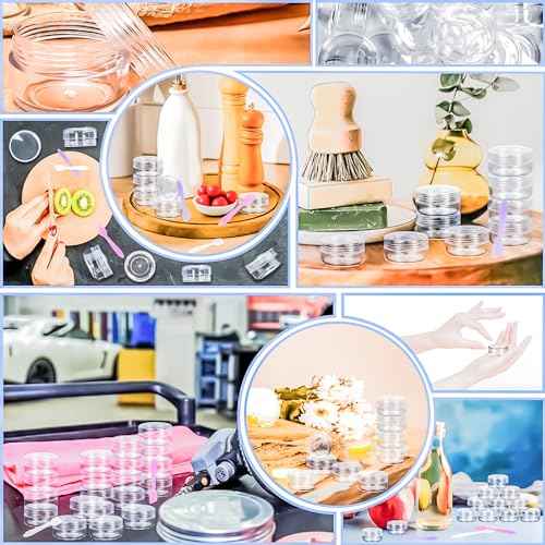 MotBach 50PCS 10g Empty Sample Containers with Clear Lids,Refillable Makeup Sample Containers, Small Sample Pot Jars Travel Makeup Containers with Mini Spatulas for Liquid Powder Creams Lotions