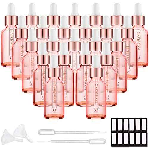 PrettyCare Glass Eye Dropper Bottles 24 Pack, 1oz (30ml) Rose Empty Thick Bottles Bulk with Leakproof Caps - With Labels & Funnels for Storage, Travel, Essential Oils, Cuticle Oils, Tinctures