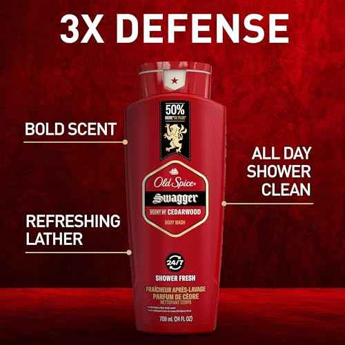 Old Spice Refreshing Body Wash for Men, 3X Defense, 24/7 Shower Fresh with Long Lasting Scent, Red Collection, Swagger with Cedarwood Scent, 24 oz (Pack of 2)