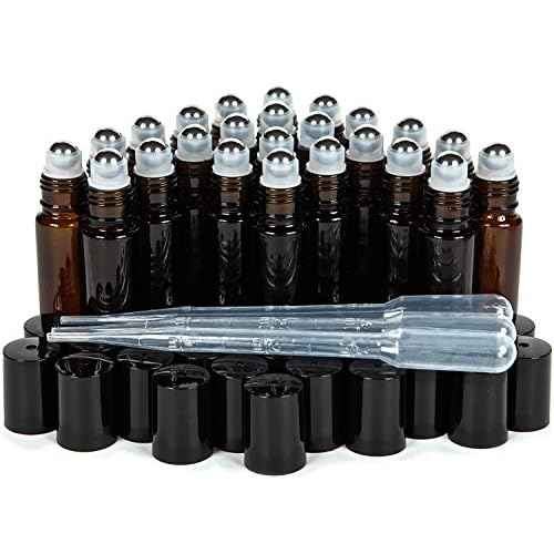 Vivaplex, 24, Amber, 10 ml Glass Roll-on Bottles with Stainless Steel Roller Balls. 3-3 ml Droppers included