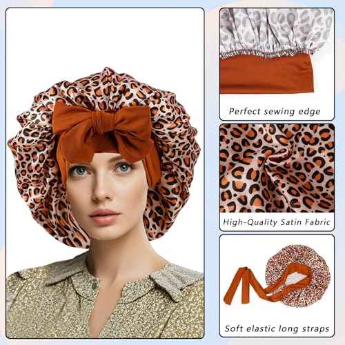 2 Pcs Satin Silk Bonnets for Women,Hair Bonnet with Tie Band,Silk Bonnet Sleeping Cap for Curly Hair,Black & Leopard