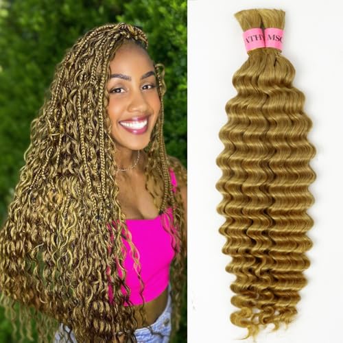 27# Human Braiding Hair for Boho Braids 100g Deep Wave Bulk Human Hair for Braiding Color 27# Boho Human Hair 16inch for Boho Braids 12A Honey Blonde Bohemian Hair(Color 27# 16inch)