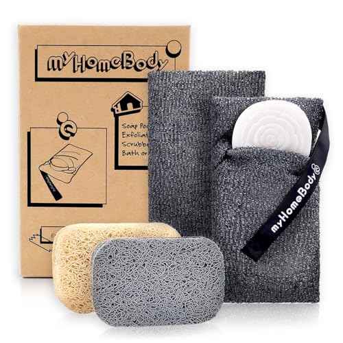 myHomeBody Soap Pocket Exfoliating Pouch, Body Scrubber Sponge, Exfoliator for Bath, Shower or Leftover Bits Saver, Graphite Gray, 2 Pack + 2 Lift Pads