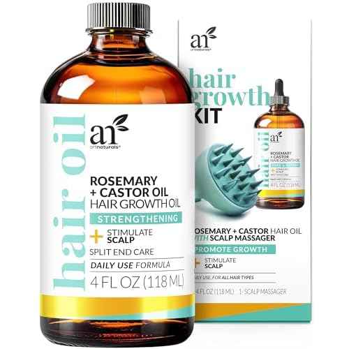 ArtNaturals Organic Rosemary & Castor Hair Growth Oil + Scalp Massager Set ? Hair Relaxer for Dry, Itchy Scalp, Thickening & Hydration - Scalp Oil Products For Damaged Hair & Split Ends ? 4.0 oz