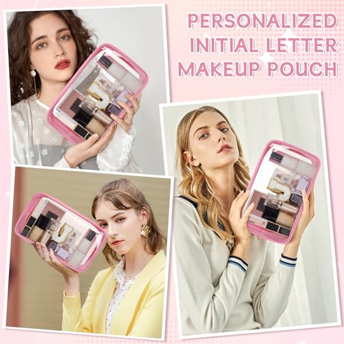 Personalized Initial Clear Makeup Bag, Travel Chenille Patch Cosmetic Bag, Preppy Toiletry Bag Monogram Cosmetic Pouch with Zipper, Ideal Gift for Teen Girls Women (Pink, J)