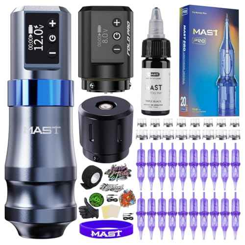 Mast Mini Tattoo Pen Kit - Cordless Corded Tattoo Gun Machine with 2 Batteries & RCA Cable 3.6mm Stroke Complete Tattoo Kit for Beginners Professionals