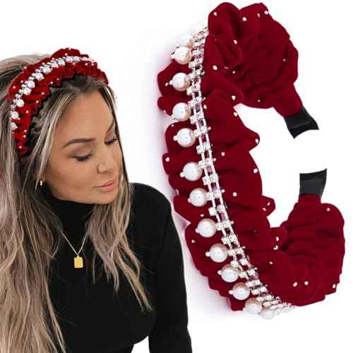 Red Headbands Pearl Headband Rhinestone Head Band wrinkle hairband Glittering Jewelry velvet Hair Hoop For Women (Red)