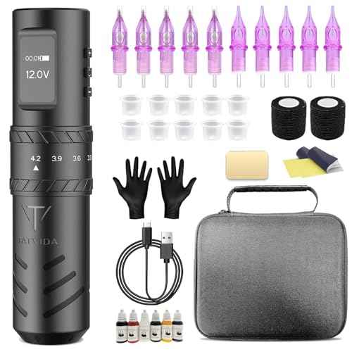 Tattoo Gun Kit Portable Machine, Complete Rotary Tattoo Machine with 7 Strokes Length Cartridge Needles Tattoo Ink Practice Skin Bandage Professional tattoo pen kits for starter