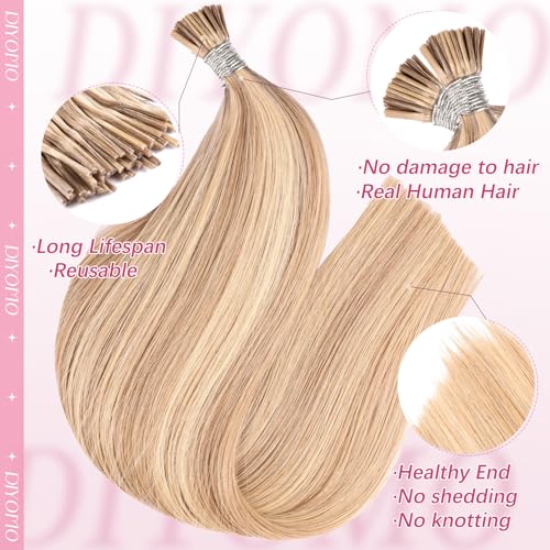 I Tip Hair Extensions - Human Hair,Light Blonde Highlighted Bleach Blonde 24 Inch For Women Soft & Natural Itip Human Hair Extensions 50g 50s