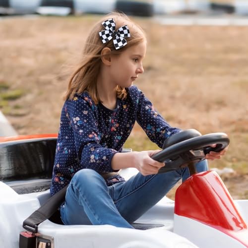 2Pc Racing Checkered Flag Hair Bow Clips 4 inch Girls Women Black White Buffalo Plaid Ribbon Pigtail Bow Barrettes Race Fan Hair Accessories Car-Themed Birthday Party Gift
