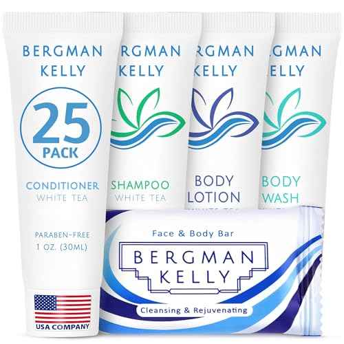 Bergman Kelly - Hotel Toiletries Bundle - White Tea, 1 oz ea, 125 Pieces - 5-Piece Set: 25 ea Rectangular Bar Soap, Shampoo, Conditioner, Body Lotion & Body Wash - Bulk Mini Guest Amenities