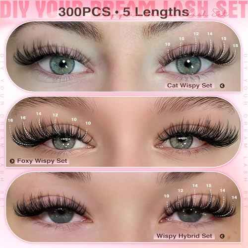Lash Clusters Kit Wispy Eyelash Clusters Lashes Natural DIY Lash Extension Kit 10-16mm Cluster Eyelash Extensions Kit 300pcs C Curl Individual Lashes Cluster Eyelash (No Tweezers)
