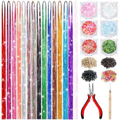 Hair Tinsel Kit With Body Glitter 15 Colors 48 Inch 4500 Strands Glitter Tinsel Hair Extensions With Tools Fairy Hair Accessories, Suitable for Festivals and Daily Use (15 Colors Hair Tinsel Kit)