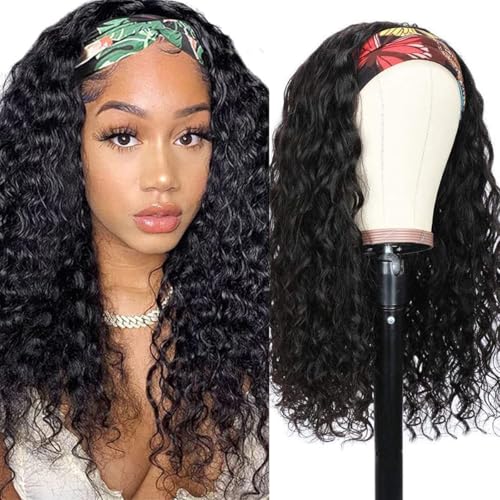 Long Headband Wig Human Hair Water Wave Human Hair Wigs for Black Women Curly Half Wig None Lace Front Wigs 180% Density Brazilian Virgin Hair Wig Natural Black Color 26 Inch