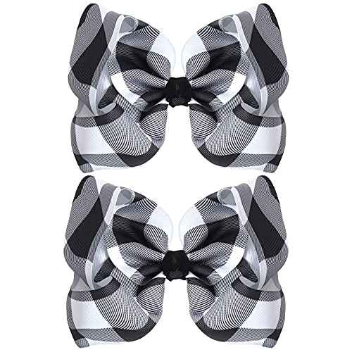 Syhood 2 Pieces Hair Bows 6.3 inch Large Buffalo Plaid Hair Alligator Clips Gingham Hairpin for Christmas Accessories(Black White Plaid)