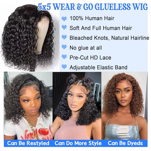 Bob Wig Human Hair Deep Wave Glueless Wigs Human Hair Pre Plucked Pre Cut Chocolate Brown 5x5 Wear and Go Wig for Black Women Lace Front Glueless Wigs Human Hair 16Inch