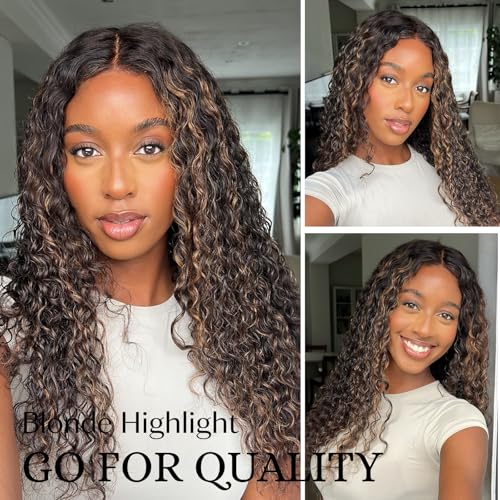 ALHER #1B/27 Skunk Stripe Highlight Water Wave Bundles 26 Inch, Balayage Ombre Black with Blonde Wet and Wavy Curly Single Bundle, 100% Unprocessed Virgin Remy Human Hair Soft Thick Sew In Double Weft