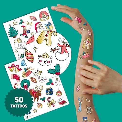 Omy Christmas Temporary Tattoos for Kids - 50 Festive, Colorful Designs with Santa, Gifts, and Snowflakes | Easy to Apply, Safe & Long-Lasting | Age 3 and Up
